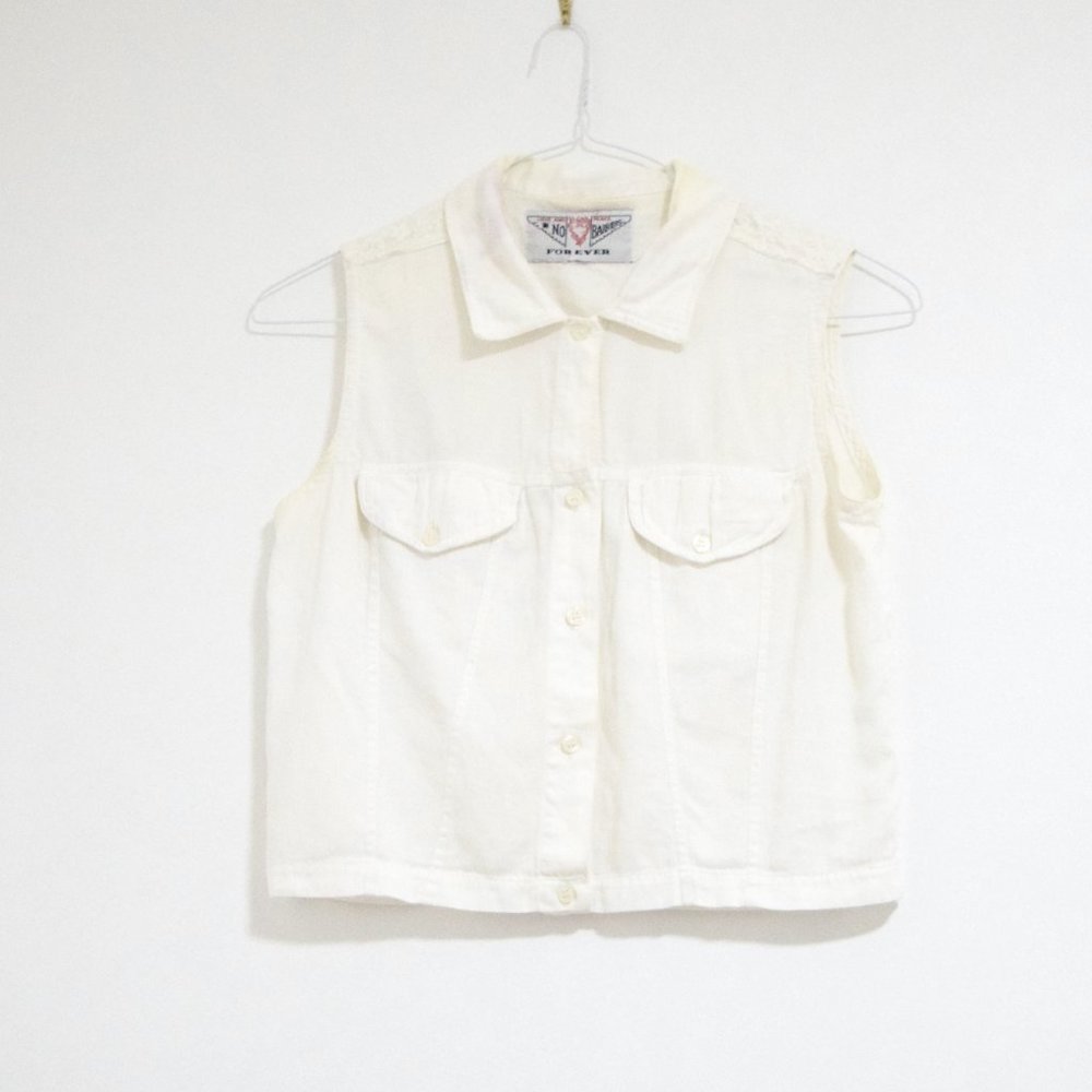 Vintage White Sleeveless Lace Panel Crop Vest Top | Size S